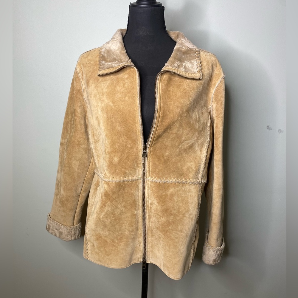 Guess Y2K Vintage  Leather Patchwork Faux Fur lined tan jacket zip